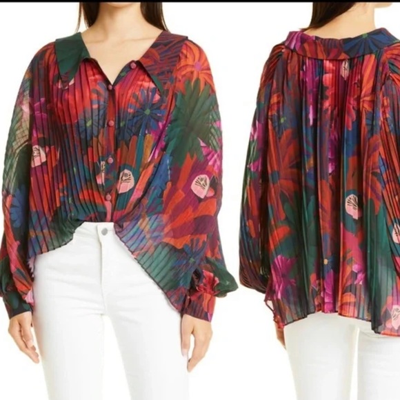 Farm Rio Bird Flowers Pleated Long Sleeve Babydoll Collared Blouse - Picture 4 of 12